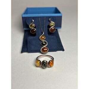 Baltic Amber Jewelry Set 925 Sterling Silver Multicolor Necklace Ring